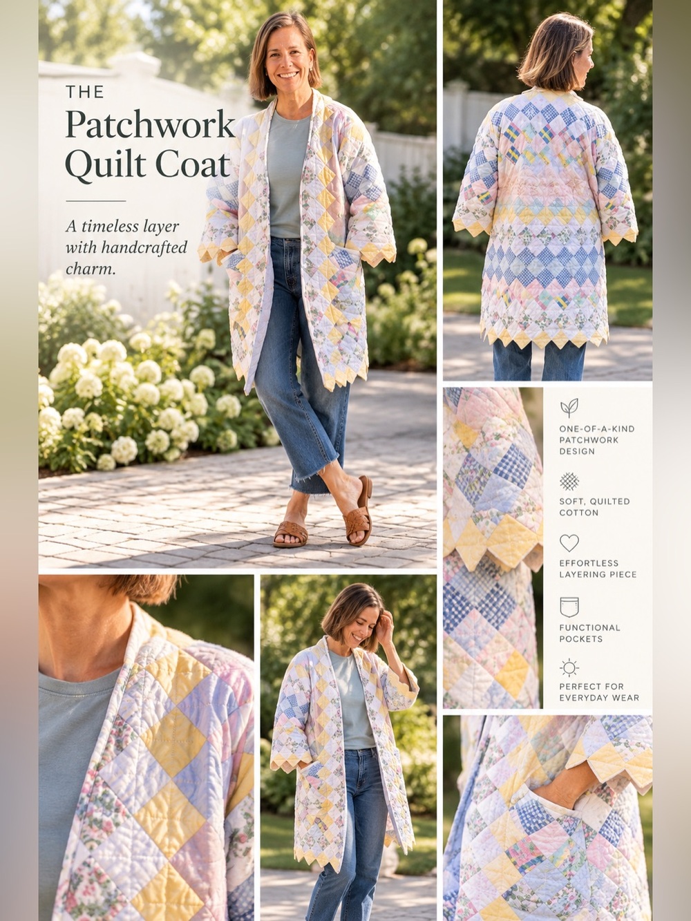 Pastel Quilted Patchwork Trench Coat in Yellow & Multi